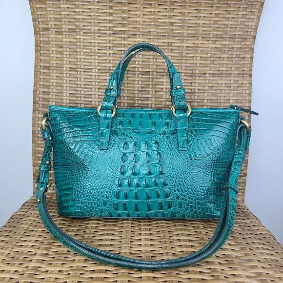 Brahmin Teal Blue Crocodile Embossed Leather Bag Tassel Charm - Picture 3 of 16